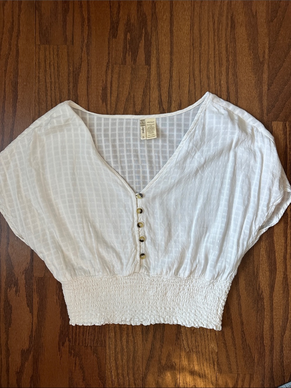 Japna White V-Neck Smocked-Waist Crop Top with Button Detail